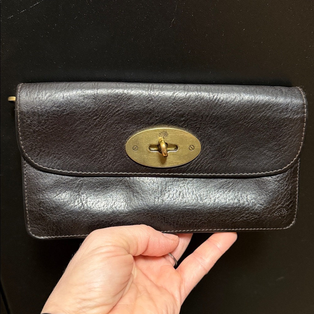 Mulberry Dark Brown Leather Turnlock Clutch Wallet with Gold Hardware